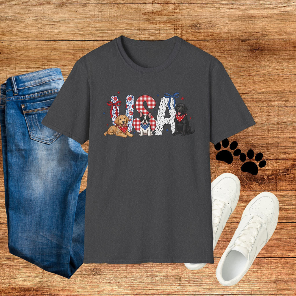 USA Patriotic Dog T-Shirt — Red White Blue Lettering with Labrador & Puppy Design