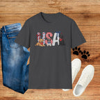 USA Patriotic Dog T-Shirt — Red White Blue Lettering with Labrador & Puppy Design