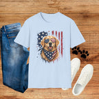Patriotic Golden Retriever T-Shirt — American Flag Sunglasses & Bandana