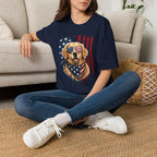 Patriotic Golden Retriever T-Shirt — American Flag Sunglasses & Bandana
