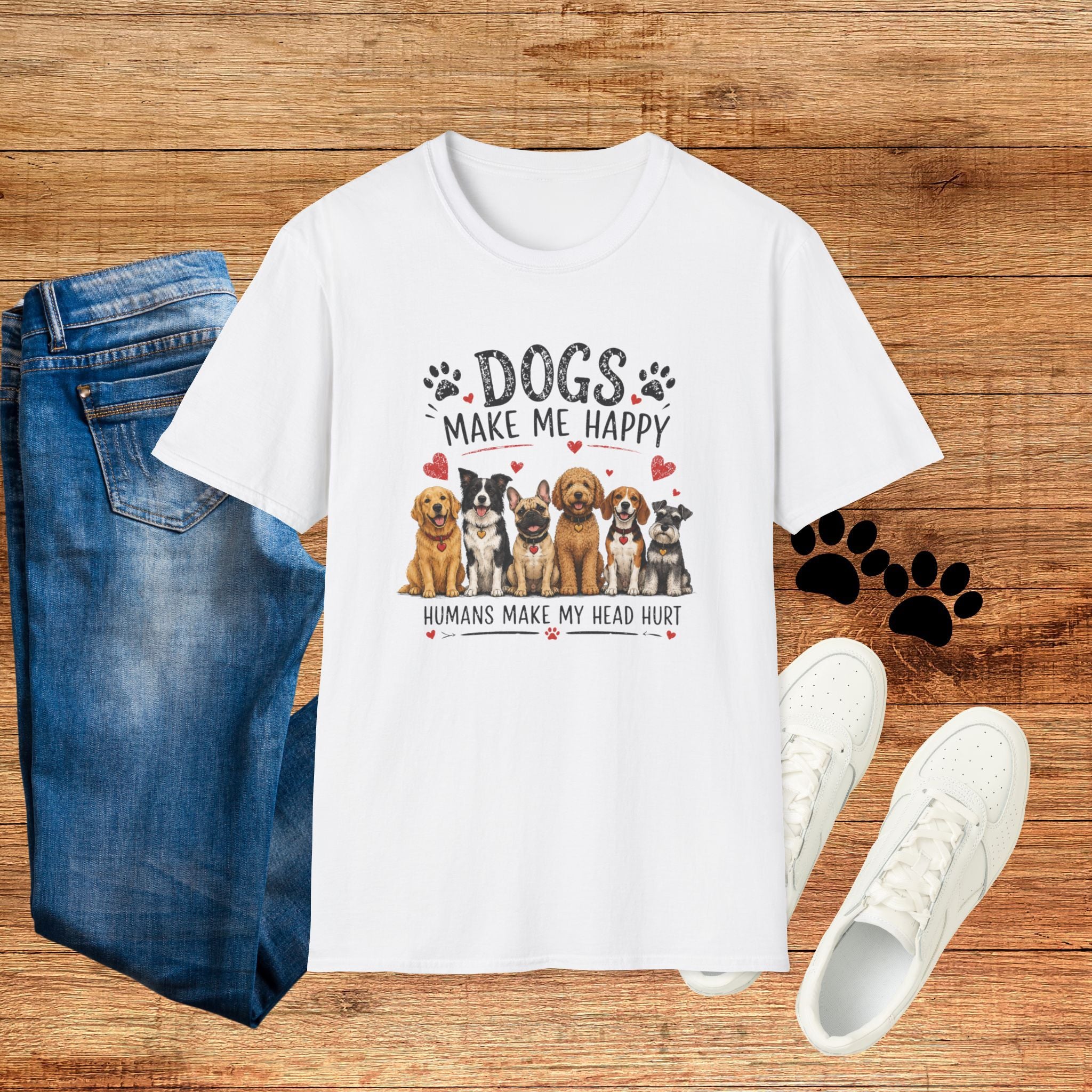 Dogs Make Me Happy Cute Paw Hearts Graphic Tee