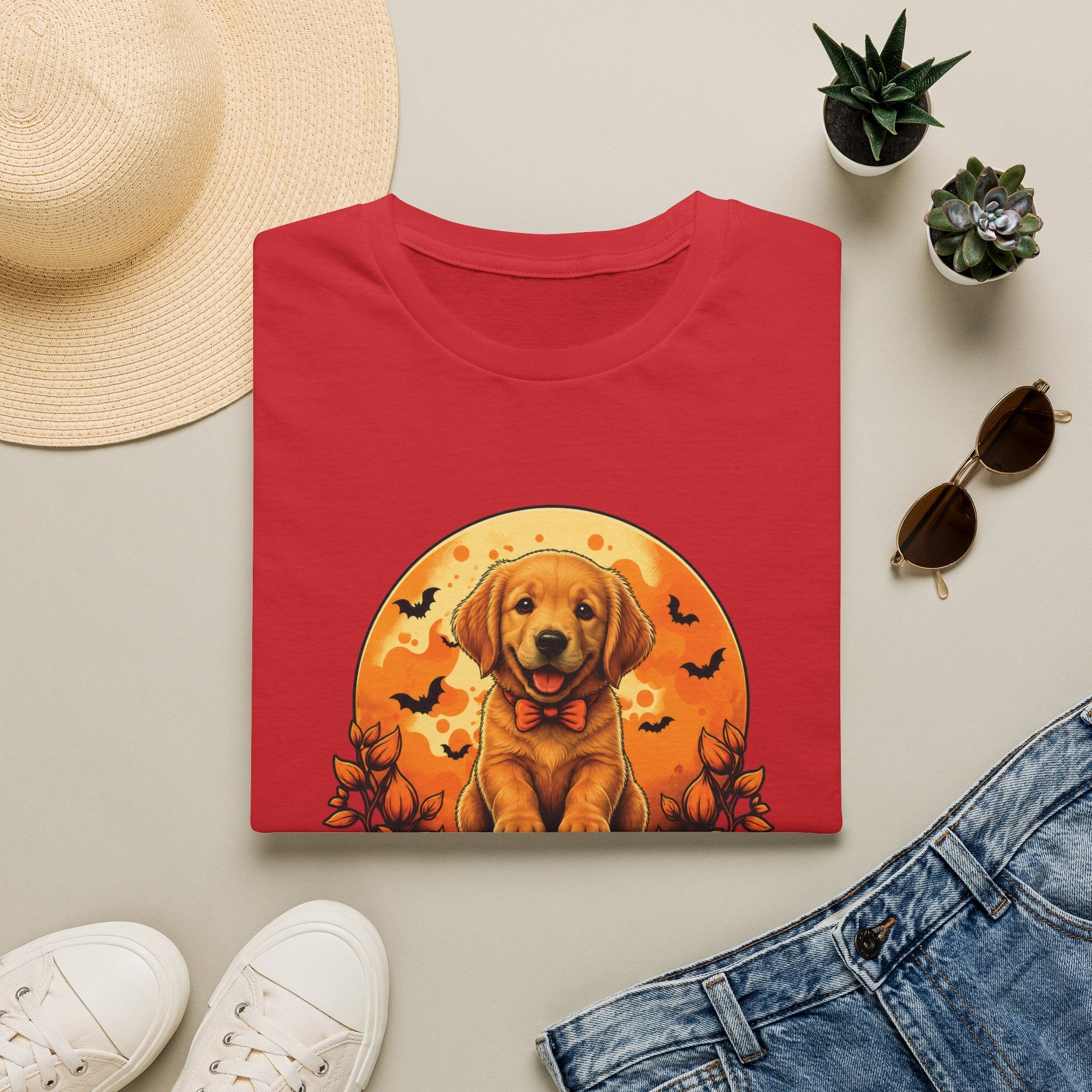 Halloween Pumpkin Puppy T-Shirt — Cute Golden Retriever with Bats & Bowtie