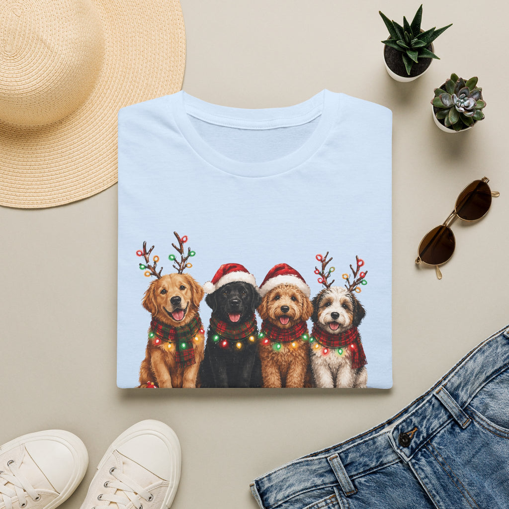 Christmas Dogs T-Shirt — Festive Puppies with Santa Hats & Reindeer Antlers