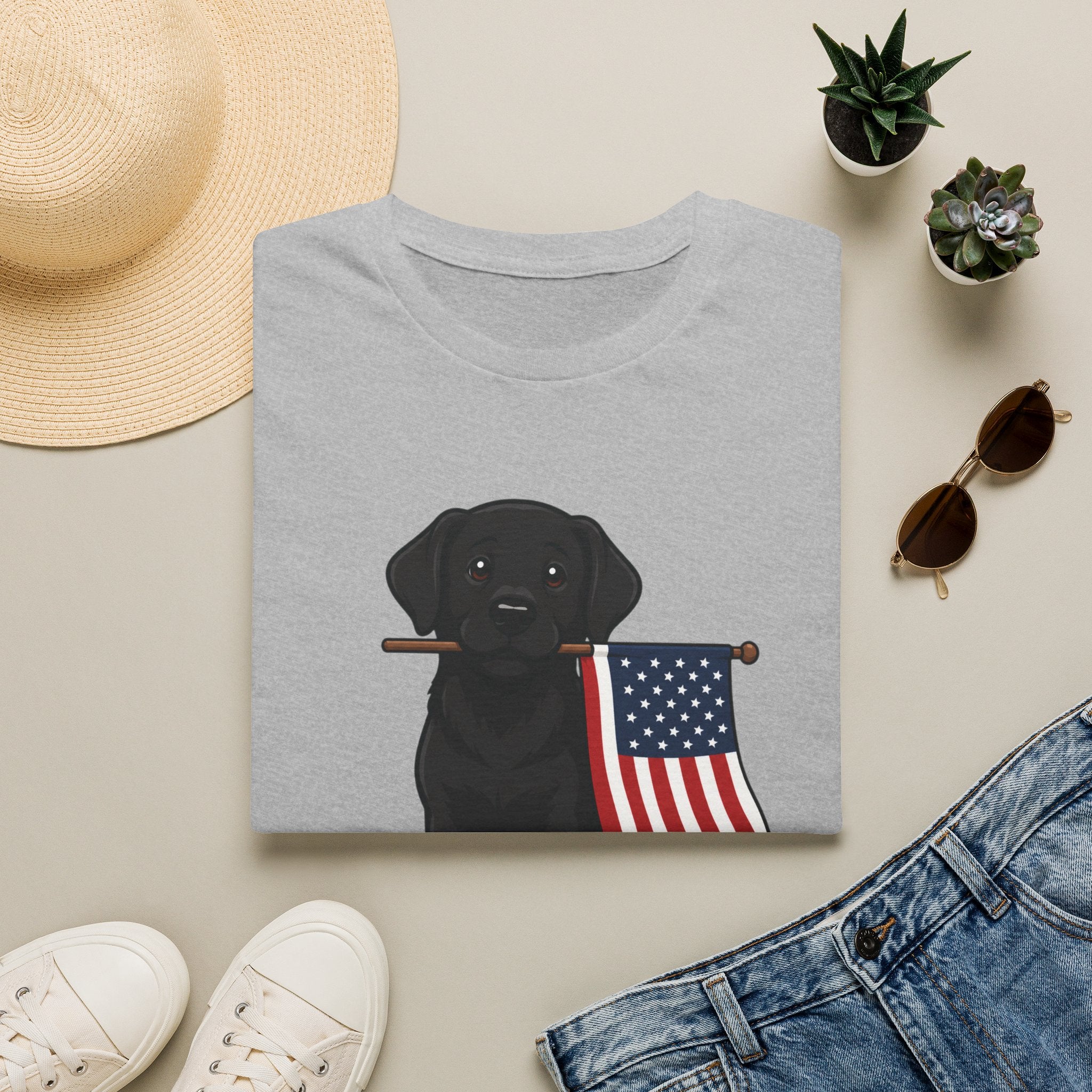Black Labrador Holding American Flag T-Shirt – Patriotic Dog Tee for 4th of July