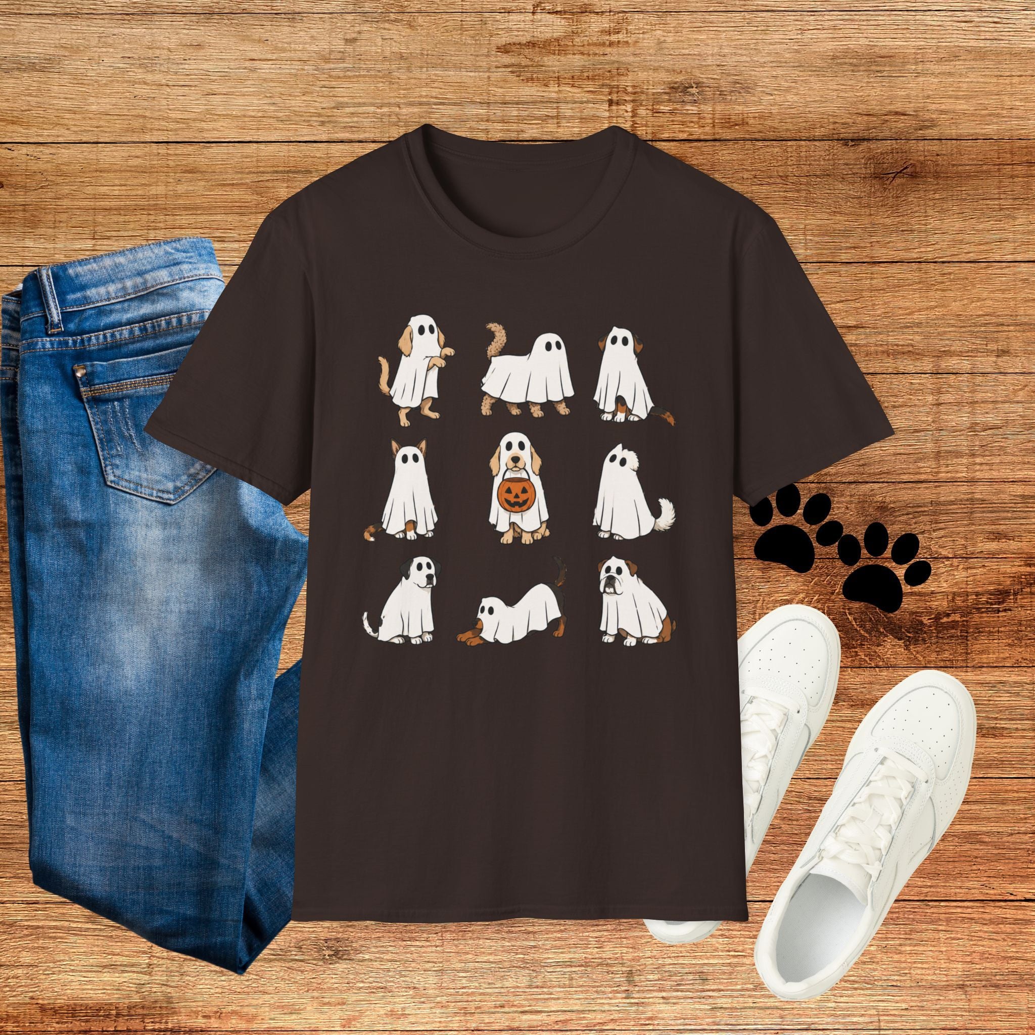 Ghost Dogs Halloween T-Shirt — Cute Puppy Ghosts with Pumpkin Design