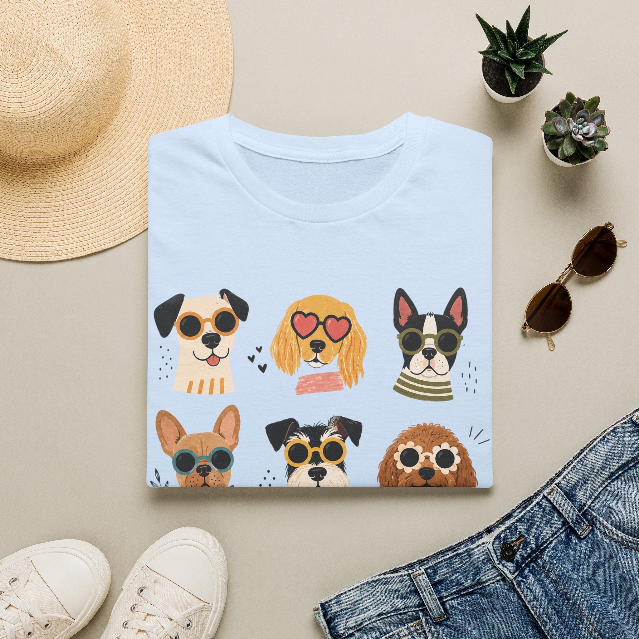 Cute Dog Faces T-Shirt — Grid of Cartoon Puppies Graphic Tee