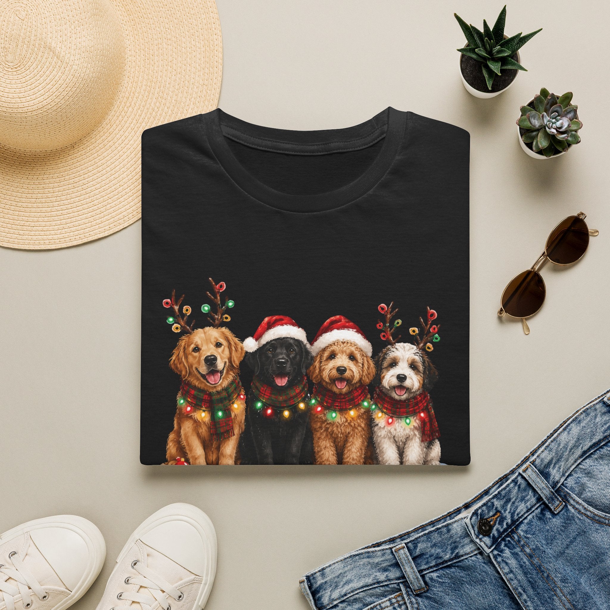 Christmas Dogs T-Shirt — Festive Puppies with Santa Hats & Reindeer Antlers